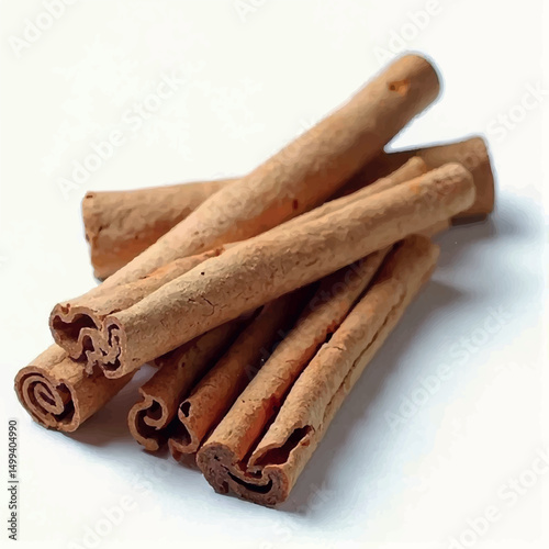 A pile of cinnamon sticks rests on a white background, their rich brown color and slightly rough texture are visible in a close-up shot, showcasing the natural beauty of this popular spice.