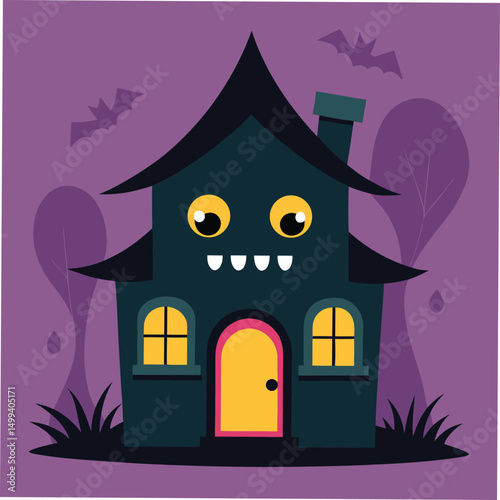Cute haunted house with windows as eyes and door as mouth vector illustration