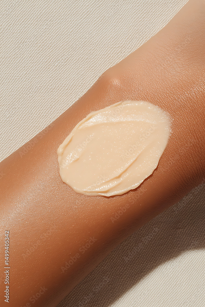 Fototapeta premium Close-up of a person's arm with a dollop of light beige cream or lotion applied. The cream has a thick, smooth texture. Skin care application.