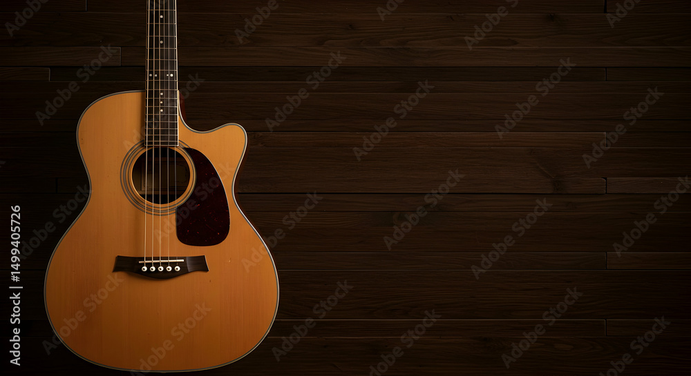 Obraz premium Acoustic guitar, Guitar, Musical instrument, Acoustic Guitar on Dark Wood Background