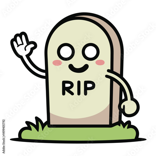 Friendly gravestone waving with RIP text on plaque vector illustration