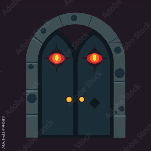 Haunted doors with glowing eyes and spooky appearance vector illustration