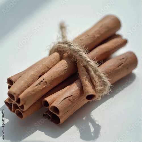 A bundle of cinnamon sticks is tied together with twine and rests on a white surface, casting a shadow that suggests bright, natural light.