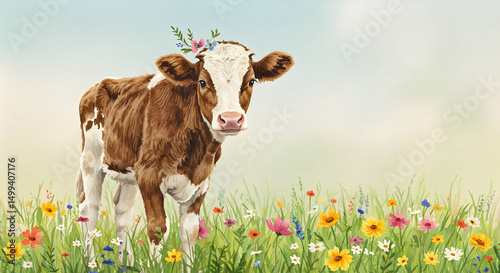 Calf, Cow, Bovine, Adorable Calf in Wildflower Meadow