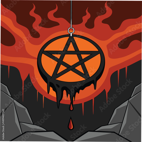 Molten pentagram dripping metal star over lava vector illustration