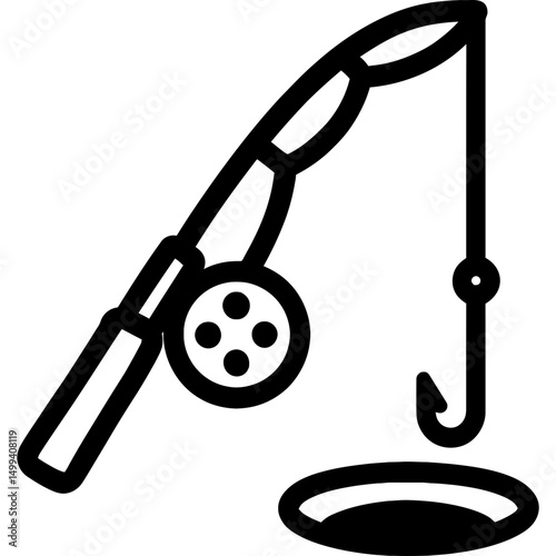 Minimalist ice fishing rod icon in black and white