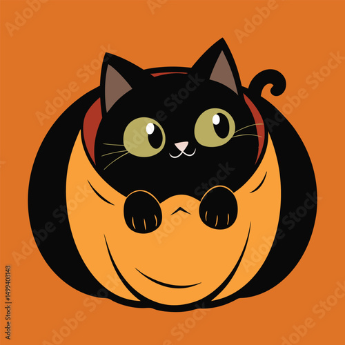 Pumpkin cat chubby black cat curled inside a pumpkin vector illustration
