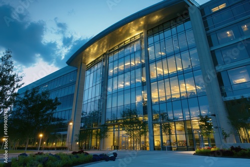 Exterior view of a modern office building with glass facade at dusk for corporate, real estate and architectural purposes