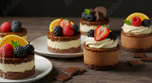 Chocolate mousse cake, Cakes, Dessert, Gourmet Chocolate Mousse Cakes with Fresh Berries and Orange