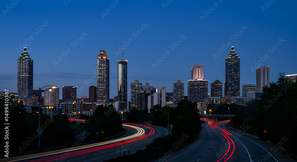 Fototapeta premium Atlanta, Georgia, Skyline, Atlanta Skyline at Dusk with Light Trails
