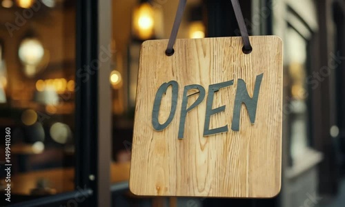 Wooden open signboard hanging at cafe or restaurant entrance