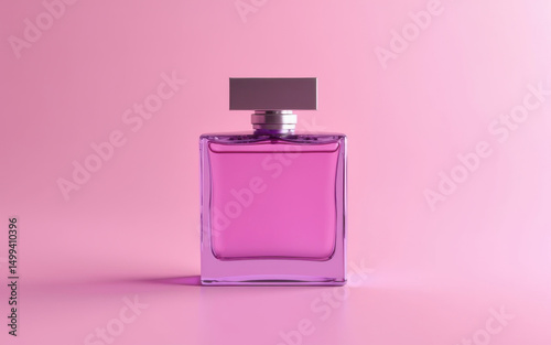 On a pink background there is a bottle of pink eau de toilette