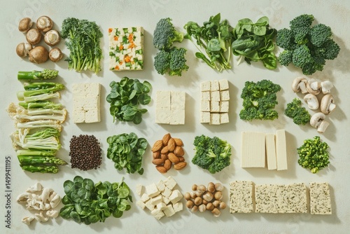 Assorted vegan protein sources and vegetables arranged on a surface for healthy eating, cooking content, and dietary planning