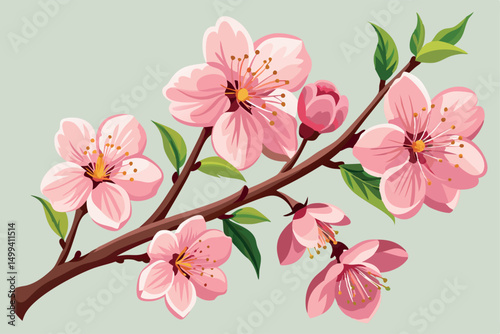 Realistic Cherry Blossom Flowers Set Isolated on White Background. Vector Design.