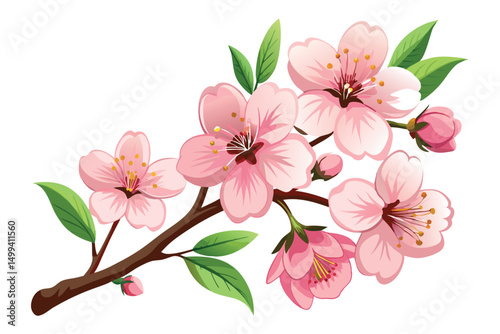 Realistic Cherry Blossom Flowers Set Isolated on White Background. Vector Design.