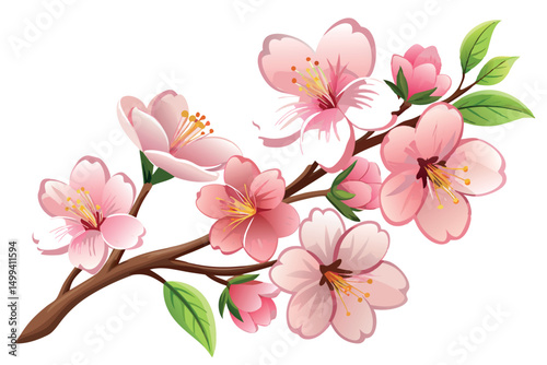 Realistic Cherry Blossom Flowers Set Isolated on White Background. Vector Design.