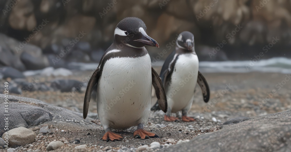 Fototapeta premium Humboldt penguin preening its feathers on a rocky beach , coast, rocky coast, wildlife photography