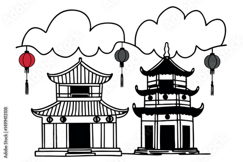 Set of Chinese Temples and Traditional Buildings Vector Design. 一套中國寺廟和傳統建築向量設計。