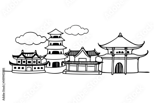Set of Chinese Temples and Traditional Buildings Vector Design. 一套中國寺廟和傳統建築向量設計。
