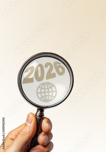 Magnifying glass focus to 2026 global trend. Starting New year with Tendencias Data Management, Digitalization. Digital transformation