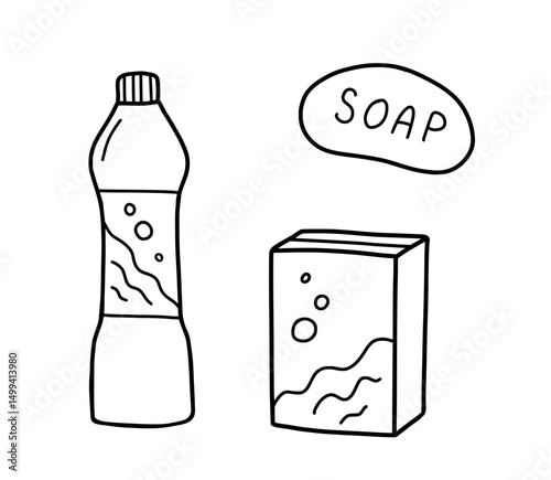 Soap and washing powder hand drawn sketch in doodle style. Vector line art isolated illustration.