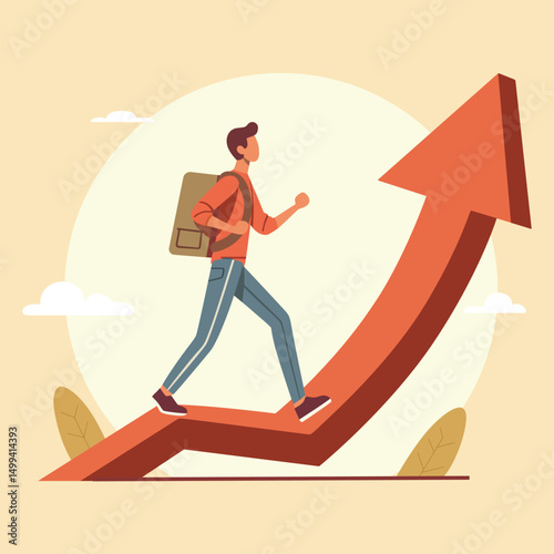 Faceless man with backpack walking upward on a rising arrow. Represents self-growth, ambition, and career progress. Minimal and animation-friendly.