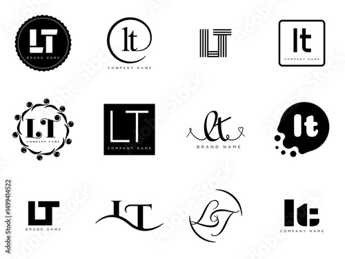 LT logo company template. Letter l and t logotype. Set different classic serif lettering and modern bold text with design elements. Initial font typography.