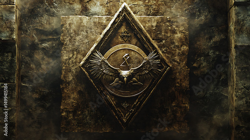  Illustration of a secret society logo, surrounded by ancient symbols 