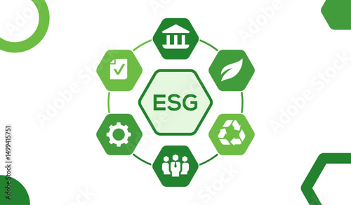 ESG Hexagon Infographic with Circular Connections. Green Sustainable Icons Representing Environmental, Social, and Governance. Vector Concept.