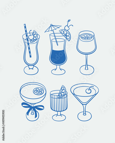 Hand-drawn cocktail illustrations. Line art, ink, minimalist style. Vector illustration. Summer collection.