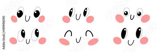 Vector collection of playful cartoon faces. Blushing cheeks and shiny eyes in various joyful expressions.