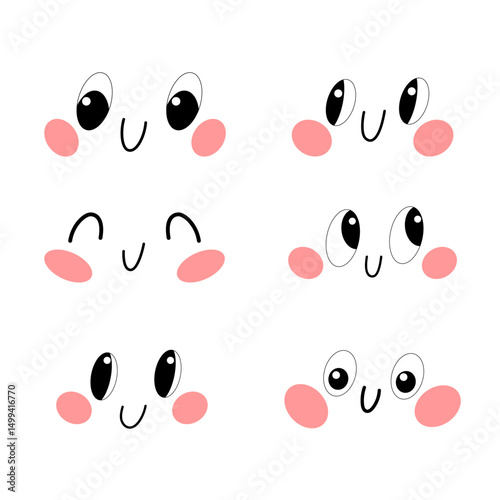 Cute emotive face set in cartoon style vector illustration. Expressions with smiling mouths, round eyes, and soft pastel details.