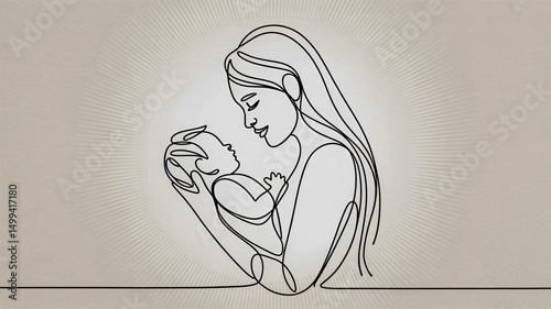 Young woman holding a baby continuous line drawing