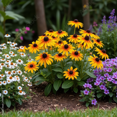 Black Eyed Susan's blooming in bright orange in the summer garden. Perennial flowers in the sunshine in colors of orange, purple and white. Walking in the garden with flowers all around.	
