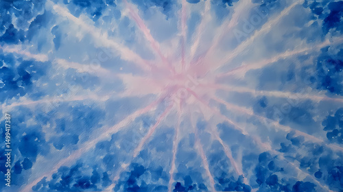 Serene Blue Sky with Radiating Light Beams and Soft Clouds