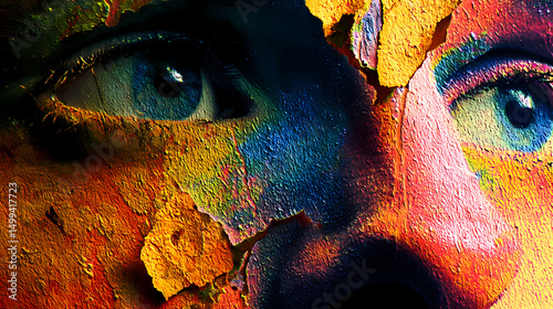 Colorful Abstract Portrait with Cracked Texture and Vibrant Eye Details