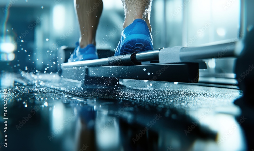 Naklejka premium Bieganie na bieżni, krople potu, intensywny trening