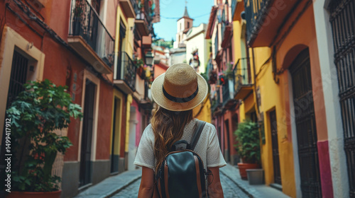 Traveler girl in street of old town in Spain. Young backpacker tourist in solo travel. Vacation, holiday, trip