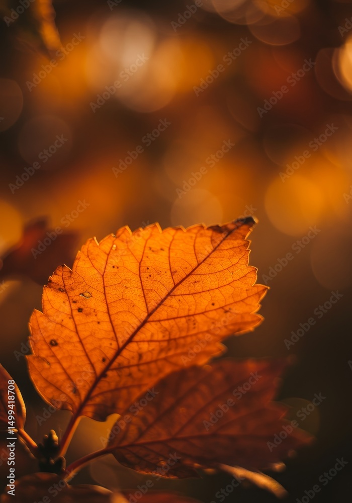 Fototapeta premium Autumn Leaf in Golden Light - A single, vibrant orange leaf basks in the warm glow of autumn sunlight, blurred background bokeh