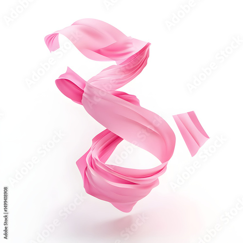 Curled pink ribbon in mid-air forming dynamic loop on white background, representing motion, fabric texture, and decorative design.