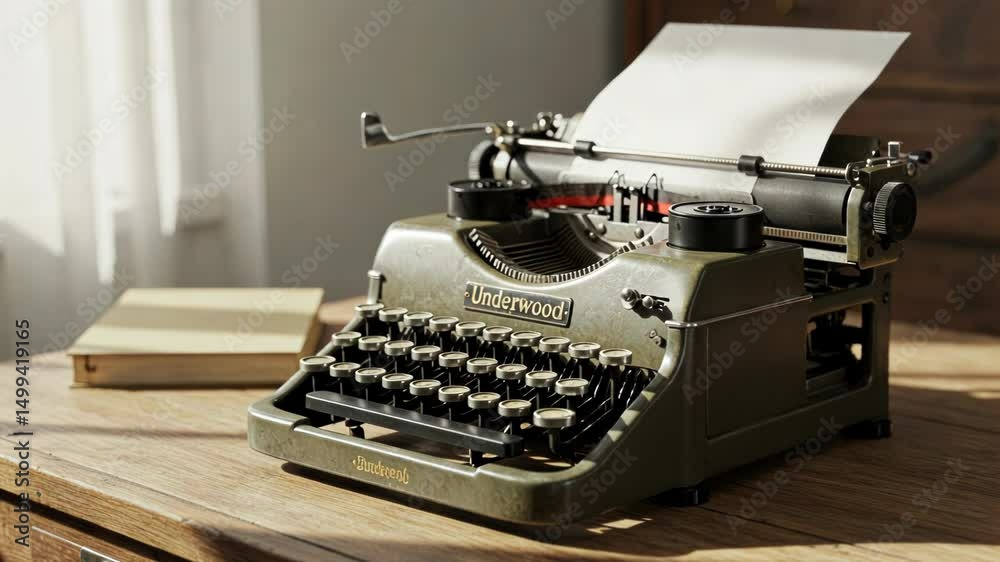 Vintage Underwood typewriter on wooden desk with paper