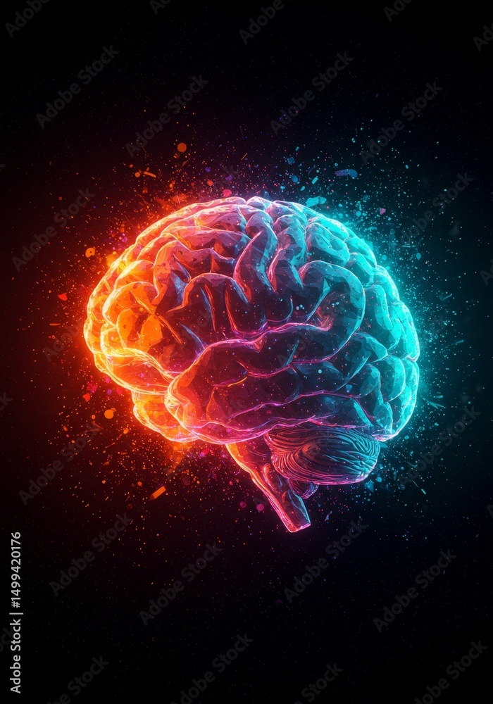 Fototapeta premium Brainwave: Exploding Neural Networks - A vibrant brain, symbolizing intelligence, innovation, creativity, technology, and consciousness. A powerful for tech, neuroscience, or AI projects