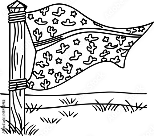 Western themed flag with cowboy hats and cacti waving in the wind on a pole