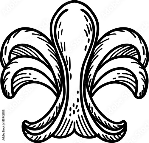 Intricate fleur de lis design in black and white line art, symbol of nobility and elegance