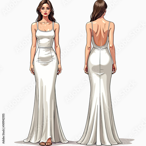 Slim Fit Jersey Maxi Dress CAD Template Featuring Roll and Square Neckline, Front and Back Sleeveless Views for Women’s Fashion Technical Drawing and Sewing Pattern Design
