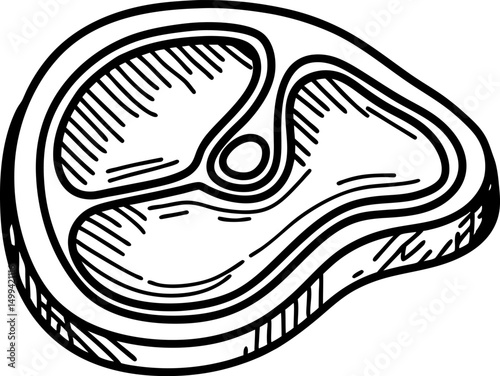 Illustrated steak cut juicy meat slice, cooking ingredient, detailed black and white drawing