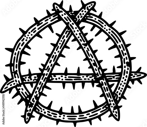intricate anarchy symbol design with barbed wire pattern in black and white