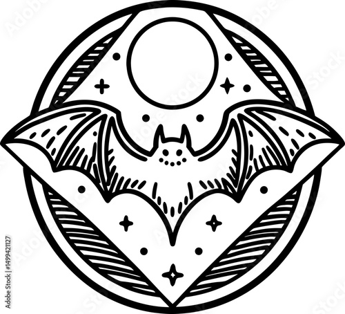 bat illustration with moon and stars celestial nocturnal design in black and white