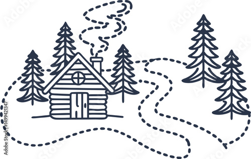 Cozy cabin in snowy forest, smoke rising from chimney, surrounded by pine trees in winter scene