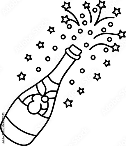 celebratory champagne bottle with bursting confetti and stars illustration festive party symbol, black and white